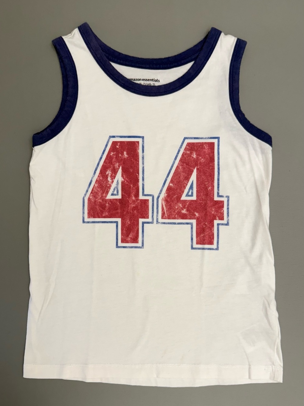 Amazon Essentials Boys Tank Top Size 6-7 White Blue Number 44 Sleeveless Shirt